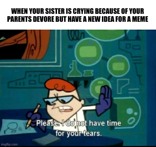 WHEN YOUR SISTER IS CRYING BECAUSE OF YOUR PARENTS DEVORE BUT HAVE A NEW IDEA FOR A MEME | image tagged in funny memes,memes,dark humor,funny,dark,oh wow are you actually reading these tags | made w/ Imgflip meme maker