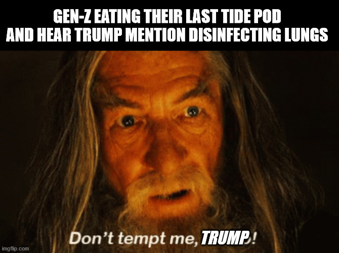one cleaning agent to rule them all | GEN-Z EATING THEIR LAST TIDE POD AND HEAR TRUMP MENTION DISINFECTING LUNGS; TRUMP | image tagged in trump,clorox,thingstakenoutofcontextbythemedia,tide pod challenge,tide pod | made w/ Imgflip meme maker