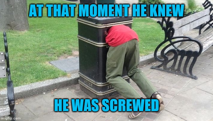 Guy in trash can | AT THAT MOMENT HE KNEW HE WAS SCREWED | image tagged in guy in trash can | made w/ Imgflip meme maker