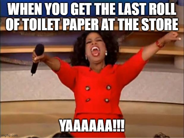 Oprah You Get A Meme | WHEN YOU GET THE LAST ROLL OF TOILET PAPER AT THE STORE; YAAAAAA!!! | image tagged in memes,oprah you get a | made w/ Imgflip meme maker