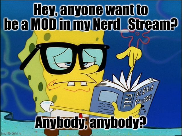 Spongebob nerd | Hey, anyone want to be a MOD in my Nerd_Stream? Anybody, anybody? | image tagged in spongebob nerd | made w/ Imgflip meme maker