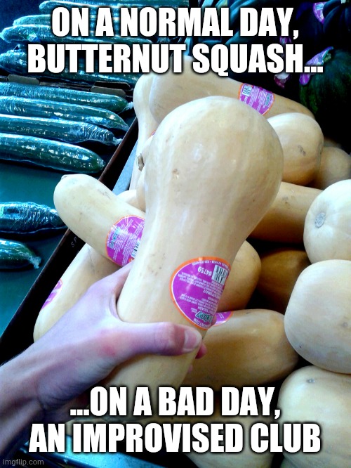 Butternut squash meme | ON A NORMAL DAY, BUTTERNUT SQUASH... ...ON A BAD DAY, AN IMPROVISED CLUB | image tagged in vegetable,funny,silly,meme | made w/ Imgflip meme maker