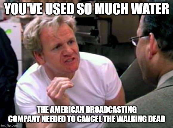 Gordon Ramsay | YOU'VE USED SO MUCH WATER; THE AMERICAN BROADCASTING COMPANY NEEDED TO CANCEL THE WALKING DEAD | image tagged in gordon ramsay,water,zombies,the walking dead | made w/ Imgflip meme maker
