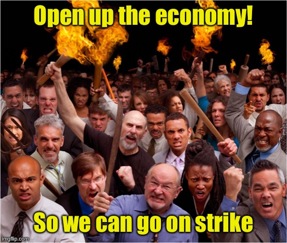 Angry Mob | Open up the economy! So we can go on strike | image tagged in angry mob,economy | made w/ Imgflip meme maker