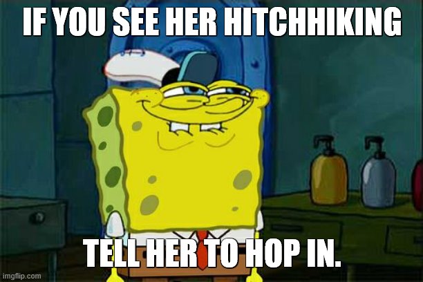 Don't You Squidward Meme | IF YOU SEE HER HITCHHIKING TELL HER TO HOP IN. | image tagged in memes,don't you squidward | made w/ Imgflip meme maker