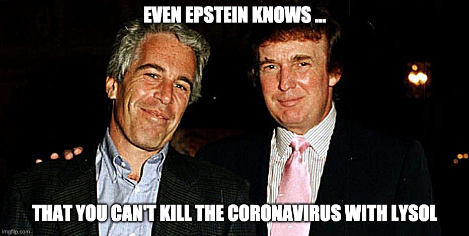 Trump Epstein | EVEN EPSTEIN KNOWS ... THAT YOU CAN'T KILL THE CORONAVIRUS WITH LYSOL | image tagged in trump epstein | made w/ Imgflip meme maker