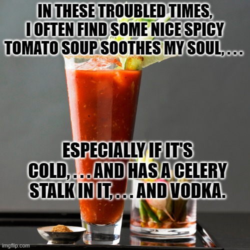 Bloody Mary | IN THESE TROUBLED TIMES, I OFTEN FIND SOME NICE SPICY TOMATO SOUP SOOTHES MY SOUL, . . . ESPECIALLY IF IT'S COLD, . . . AND HAS A CELERY STALK IN IT, . . . AND VODKA. | image tagged in bloody mary | made w/ Imgflip meme maker
