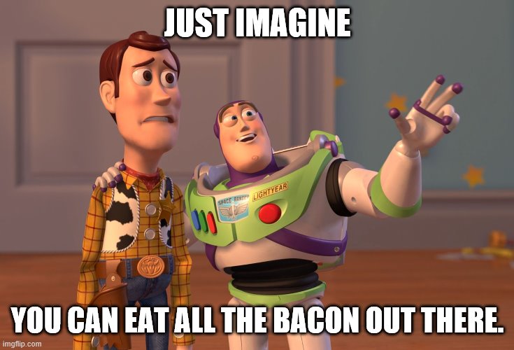 X, X Everywhere | JUST IMAGINE; YOU CAN EAT ALL THE BACON OUT THERE. | image tagged in memes,x x everywhere | made w/ Imgflip meme maker
