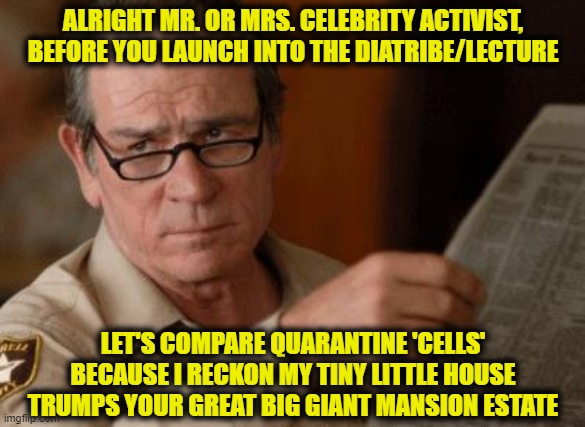 Tommy Lee Jones | ALRIGHT MR. OR MRS. CELEBRITY ACTIVIST, BEFORE YOU LAUNCH INTO THE DIATRIBE/LECTURE; LET'S COMPARE QUARANTINE 'CELLS' BECAUSE I RECKON MY TINY LITTLE HOUSE TRUMPS YOUR GREAT BIG GIANT MANSION ESTATE | image tagged in tommy lee jones | made w/ Imgflip meme maker