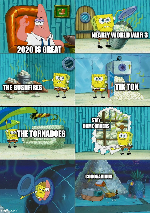 true | NEARLY WORLD WAR 3; 2020 IS GREAT; THE BUSHFIRES; TIK TOK; STAY HOME ORDERS; THE TORNADOES; CORONAVIRUS | image tagged in spongebob shows patrick garbage | made w/ Imgflip meme maker