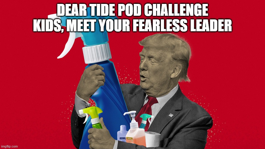 Trump disinfectant | DEAR TIDE POD CHALLENGE KIDS, MEET YOUR FEARLESS LEADER | image tagged in donald trump disinfectant | made w/ Imgflip meme maker