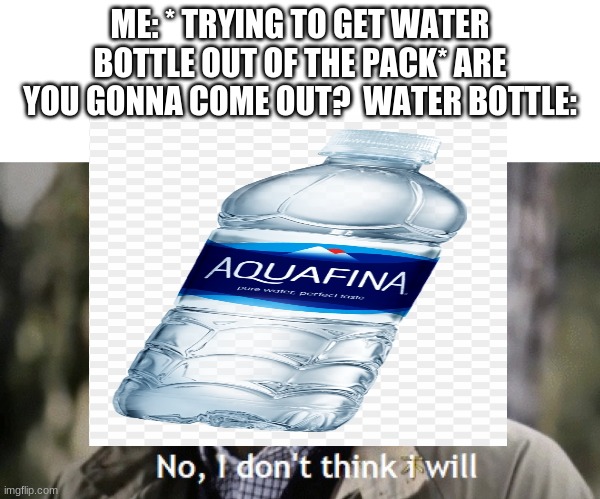 ME: * TRYING TO GET WATER BOTTLE OUT OF THE PACK* ARE YOU GONNA COME OUT?  WATER BOTTLE: | image tagged in memes,blank transparent square,no i dont think i will | made w/ Imgflip meme maker