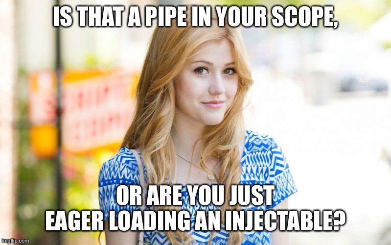 Hot Girl | IS THAT A PIPE IN YOUR SCOPE, OR ARE YOU JUST
EAGER LOADING AN INJECTABLE? | image tagged in hot girl | made w/ Imgflip meme maker