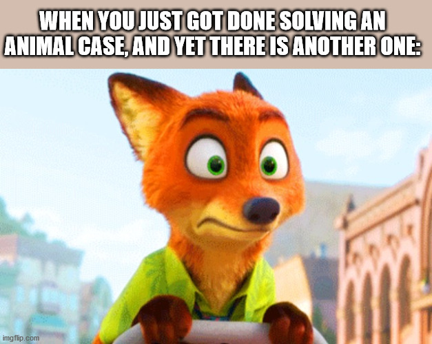 Zootopia Nick Awkward | WHEN YOU JUST GOT DONE SOLVING AN ANIMAL CASE, AND YET THERE IS ANOTHER ONE: | image tagged in zootopia nick awkward | made w/ Imgflip meme maker