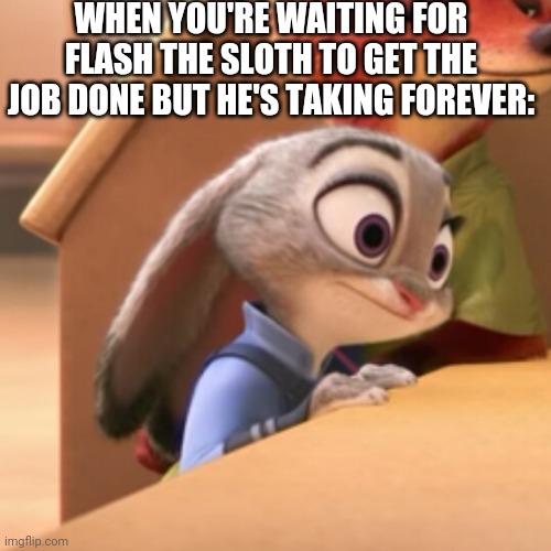 Waiting Judy Hopps |  WHEN YOU'RE WAITING FOR FLASH THE SLOTH TO GET THE JOB DONE BUT HE'S TAKING FOREVER: | image tagged in waiting judy hopps | made w/ Imgflip meme maker