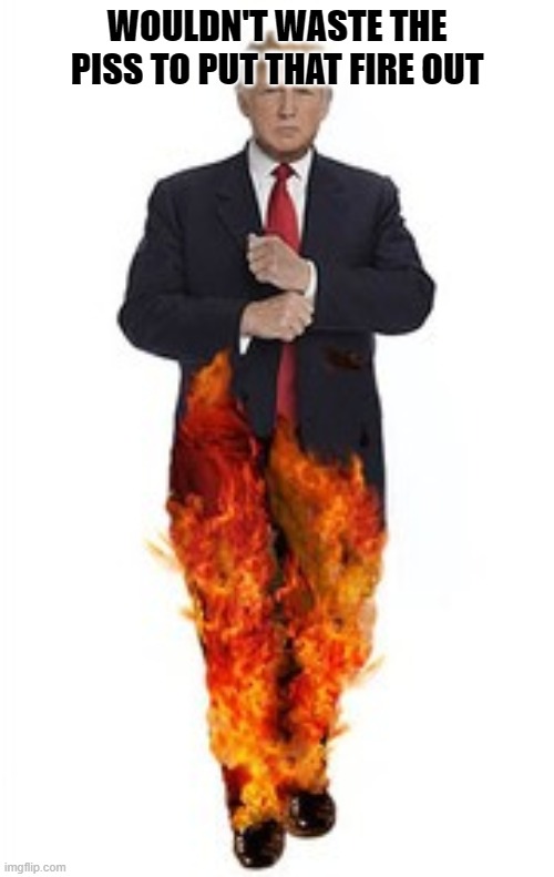 Wouldn't Waste the Piss | WOULDN'T WASTE THE PISS TO PUT THAT FIRE OUT | image tagged in trump,liar liar pants on fire,wouldn't waste the piss to put that fire out,burn in hell,worst ever,impeach and remove | made w/ Imgflip meme maker