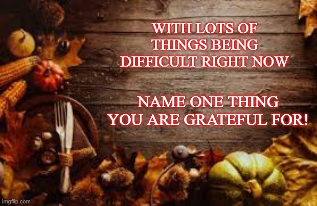 Thankful | WITH LOTS OF THINGS BEING DIFFICULT RIGHT NOW; NAME ONE THING
YOU ARE GRATEFUL FOR! | image tagged in blessed,thankful,grateful | made w/ Imgflip meme maker
