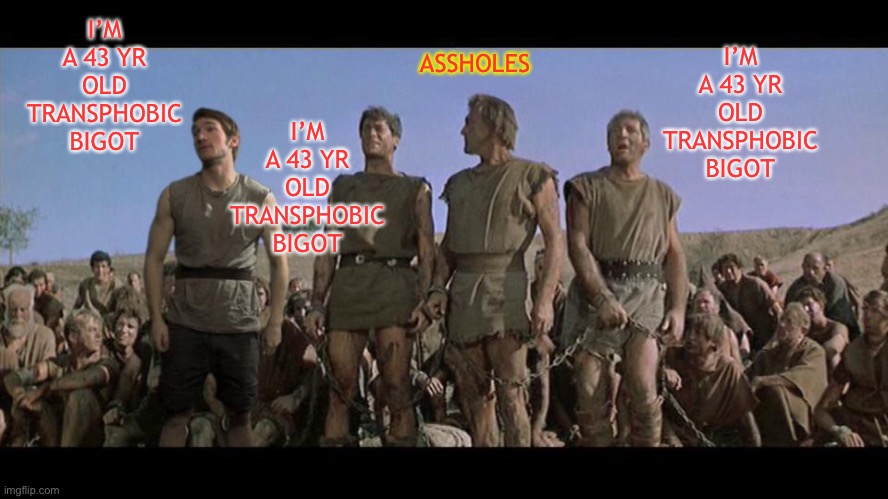 I am Spartacus | I’M A 43 YR OLD TRANSPHOBIC BIGOT I’M A 43 YR OLD TRANSPHOBIC BIGOT I’M A 43 YR OLD TRANSPHOBIC BIGOT ASSHOLES | image tagged in i am spartacus | made w/ Imgflip meme maker