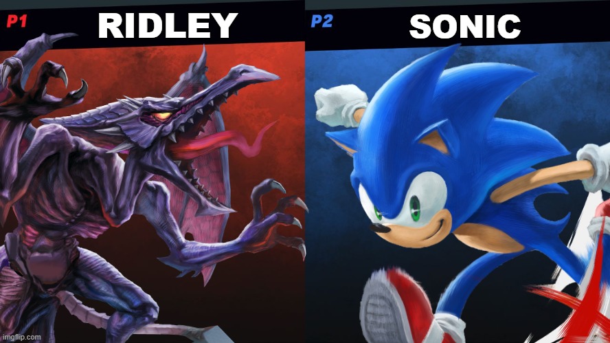 what if all of the ssbu character's renders were the mural ones? | RIDLEY; SONIC | image tagged in smash bros 1v1 screen template,super smash bros,what if | made w/ Imgflip meme maker