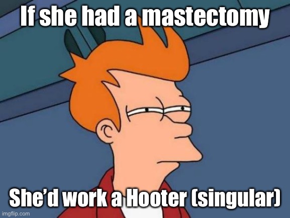 Futurama Fry Meme | If she had a mastectomy She’d work a Hooter (singular) | image tagged in memes,futurama fry | made w/ Imgflip meme maker