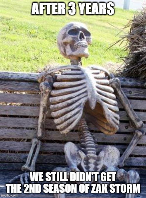 Waiting Skeleton Meme | AFTER 3 YEARS; WE STILL DIDN'T GET THE 2ND SEASON OF ZAK STORM | image tagged in memes,waiting skeleton | made w/ Imgflip meme maker