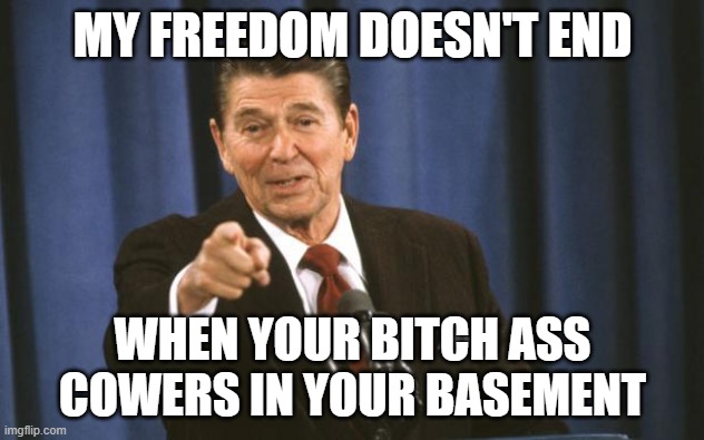 Ronald Reagan | MY FREEDOM DOESN'T END WHEN YOUR BITCH ASS COWERS IN YOUR BASEMENT | image tagged in ronald reagan | made w/ Imgflip meme maker