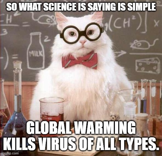 Science is right. | SO WHAT SCIENCE IS SAYING IS SIMPLE; GLOBAL WARMING KILLS VIRUS OF ALL TYPES. | image tagged in cat scientist | made w/ Imgflip meme maker