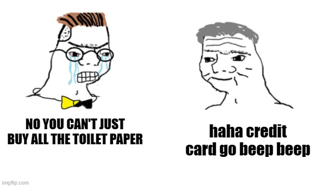 noooo you can't just | haha credit card go beep beep; NO YOU CAN'T JUST BUY ALL THE TOILET PAPER | image tagged in noooo you can't just | made w/ Imgflip meme maker