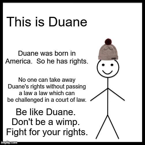 Duane has rights. | This is Duane; Duane was born in America.  So he has rights. No one can take away Duane's rights without passing a law a law which can be challenged in a court of law. Be like Duane.  Don't be a wimp.  Fight for your rights. | image tagged in memes,be like bill | made w/ Imgflip meme maker