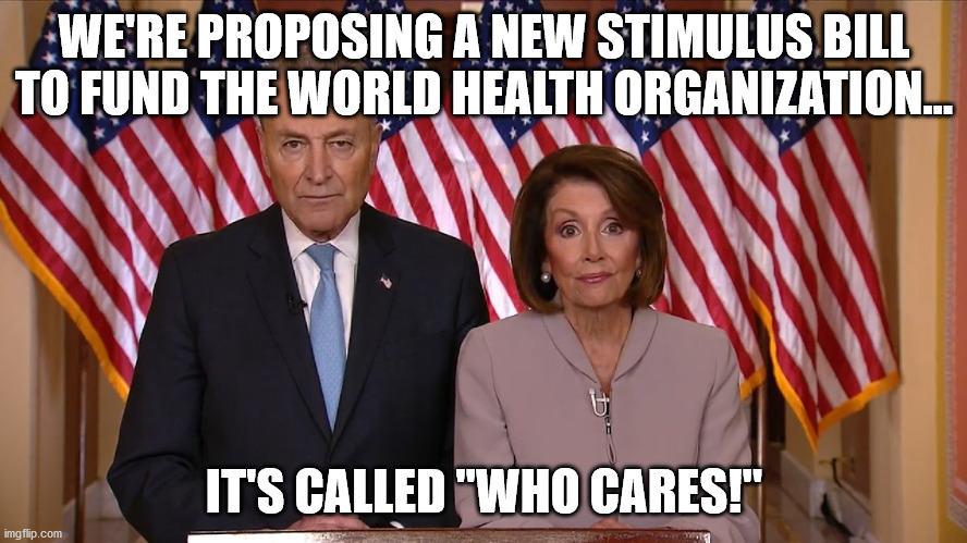 Chuck and Nancy | WE'RE PROPOSING A NEW STIMULUS BILL TO FUND THE WORLD HEALTH ORGANIZATION... IT'S CALLED "WHO CARES!" | image tagged in chuck and nancy,world health organization,liberal hypocrisy,who | made w/ Imgflip meme maker