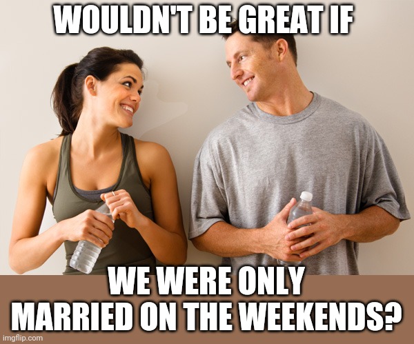 Sometimes I need a break from my family | WOULDN'T BE GREAT IF; WE WERE ONLY MARRIED ON THE WEEKENDS? | image tagged in man and woman | made w/ Imgflip meme maker