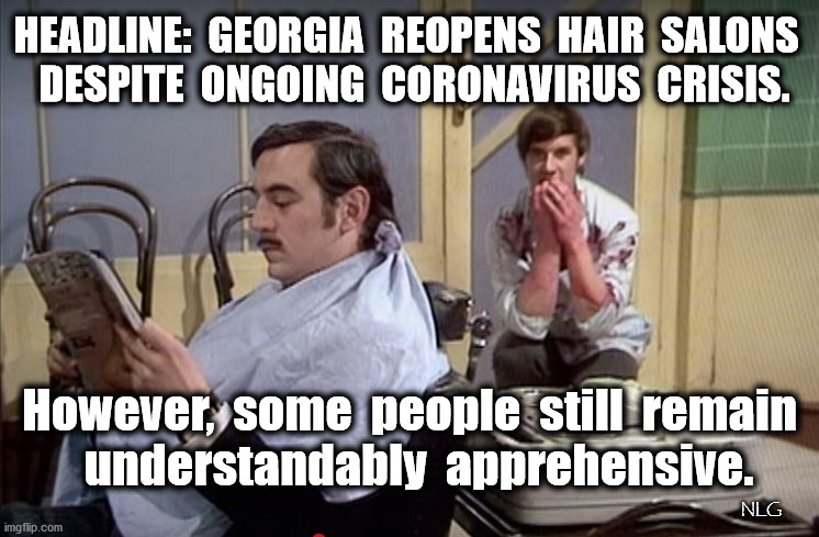 Georgia reopens hair salons. Yeah, THAT'S "essential". | HEADLINE:  GEORGIA  REOPENS  HAIR  SALONS
  DESPITE  ONGOING  CORONAVIRUS  CRISIS. However,  some  people  still  remain
  understandably  apprehensive. NLG | image tagged in humor,political humor | made w/ Imgflip meme maker