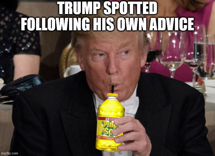 Drink up Donny! | TRUMP SPOTTED FOLLOWING HIS OWN ADVICE | image tagged in the power of pine-sol,election 2020,dump trump,joe biden,donald trump,original meme | made w/ Imgflip meme maker