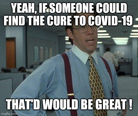 Yeah if you could  | YEAH, IF SOMEONE COULD FIND THE CURE TO COVID-19; THAT'D WOULD BE GREAT ! | image tagged in yeah if you could | made w/ Imgflip meme maker