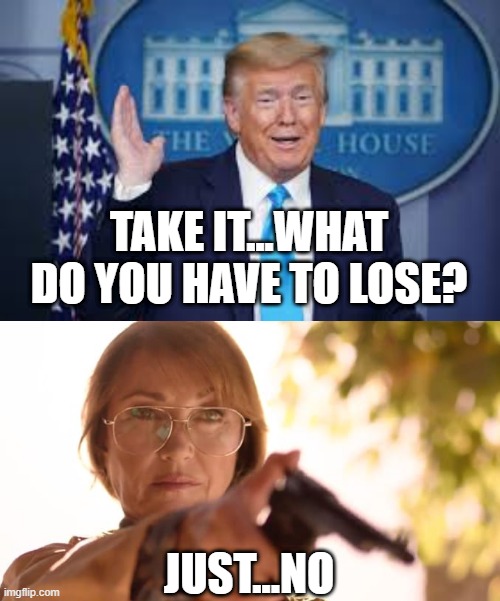 What do you have to lose | TAKE IT...WHAT DO YOU HAVE TO LOSE? JUST...NO | image tagged in dr quinn,trump,medicine,corona | made w/ Imgflip meme maker