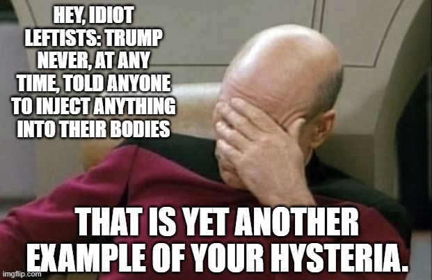 Picard Thinks You're Stupid, Too | HEY, IDIOT LEFTISTS: TRUMP NEVER, AT ANY TIME, TOLD ANYONE TO INJECT ANYTHING INTO THEIR BODIES; THAT IS YET ANOTHER EXAMPLE OF YOUR HYSTERIA. | image tagged in memes,captain picard facepalm | made w/ Imgflip meme maker