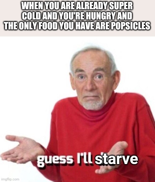 I seriously need to stop making memes this late at night | WHEN YOU ARE ALREADY SUPER COLD AND YOU'RE HUNGRY AND THE ONLY FOOD YOU HAVE ARE POPSICLES; starve | image tagged in guess ill die | made w/ Imgflip meme maker