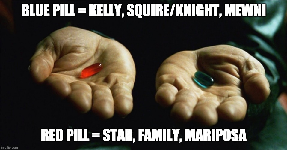 Last Chance. No Turning Back Marco Diaz. | BLUE PILL = KELLY, SQUIRE/KNIGHT, MEWNI; RED PILL = STAR, FAMILY, MARIPOSA | image tagged in red pill blue pill,star vs the forces of evil | made w/ Imgflip meme maker