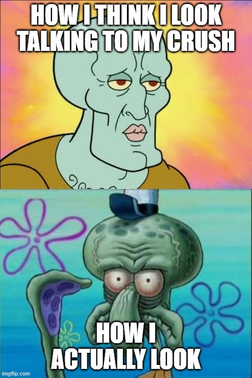 Squidward | HOW I THINK I LOOK TALKING TO MY CRUSH; HOW I ACTUALLY LOOK | image tagged in memes,squidward | made w/ Imgflip meme maker