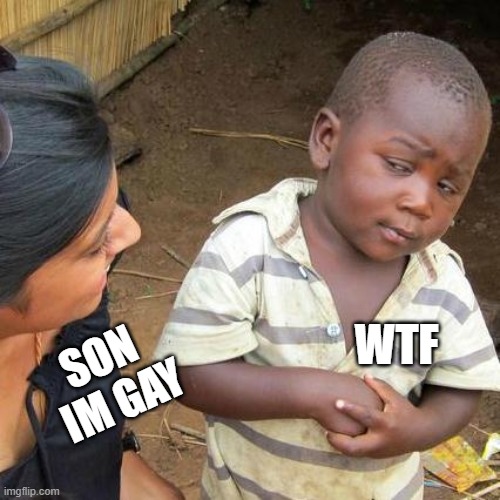 Third World Skeptical Kid | WTF; SON 
IM GAY | image tagged in memes,third world skeptical kid | made w/ Imgflip meme maker