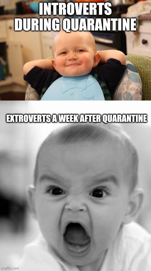 INTROVERTS DURING QUARANTINE; EXTROVERTS A WEEK AFTER QUARANTINE | image tagged in memes,angry baby,baby boss relaxed smug content,quarantine,coronavirus,funny memes | made w/ Imgflip meme maker