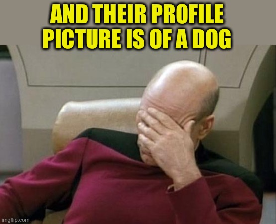 Captain Picard Facepalm Meme | AND THEIR PROFILE PICTURE IS OF A DOG | image tagged in memes,captain picard facepalm | made w/ Imgflip meme maker