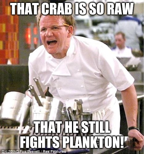 Gordon Ramsay roasts Spongebob fans | THAT CRAB IS SO RAW; THAT HE STILL FIGHTS PLANKTON! | image tagged in memes,chef gordon ramsay | made w/ Imgflip meme maker