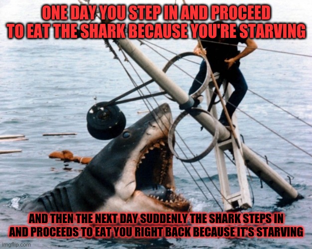 Jaws | ONE DAY YOU STEP IN AND PROCEED TO EAT THE SHARK BECAUSE YOU'RE STARVING; AND THEN THE NEXT DAY SUDDENLY THE SHARK STEPS IN AND PROCEEDS TO EAT YOU RIGHT BACK BECAUSE IT'S STARVING | image tagged in jaws,memes,savage memes,words of wisdom | made w/ Imgflip meme maker