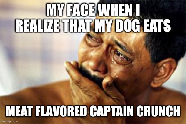  black man crying | MY FACE WHEN I REALIZE THAT MY DOG EATS; MEAT FLAVORED CAPTAIN CRUNCH | image tagged in black man crying,funny memes,dog,dank,funny,so true memes | made w/ Imgflip meme maker