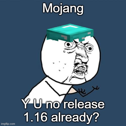 Y U No | Mojang; Y U no release 1.16 already? | image tagged in memes,y u no | made w/ Imgflip meme maker