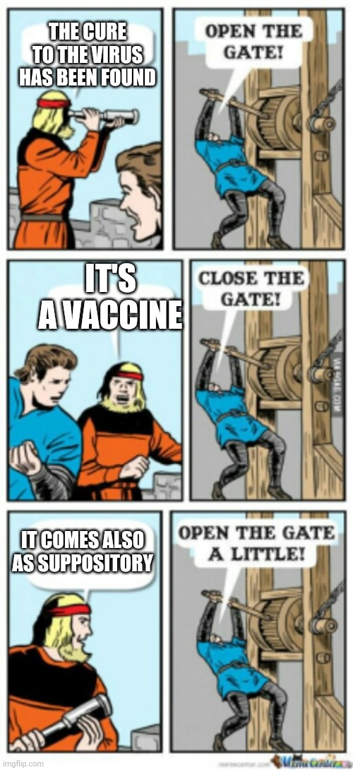 No vax reasoning makes me laugh and sad at the same time. | THE CURE TO THE VIRUS HAS BEEN FOUND; IT'S A VACCINE; IT COMES ALSO AS SUPPOSITORY | image tagged in open the gate a little | made w/ Imgflip meme maker