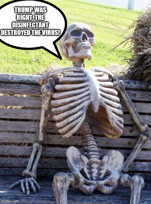 Waiting Skeleton Meme | TRUMP WAS RIGHT, THE DISINFECTANT DESTROYED THE VIRUS! | image tagged in memes,waiting skeleton,coronavirus,trump | made w/ Imgflip meme maker