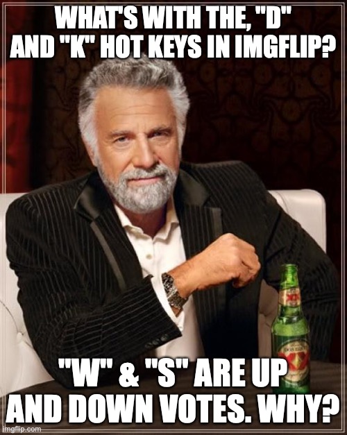 The Most Interesting Man In The World | WHAT'S WITH THE, "D" AND "K" HOT KEYS IN IMGFLIP? "W" & "S" ARE UP AND DOWN VOTES. WHY? | image tagged in memes,the most interesting man in the world | made w/ Imgflip meme maker