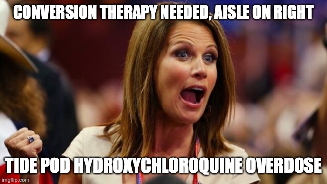 Batshit Bachmann | CONVERSION THERAPY NEEDED, AISLE ON RIGHT TIDE POD HYDROXYCHLOROQUINE OVERDOSE | image tagged in batshit bachmann | made w/ Imgflip meme maker
